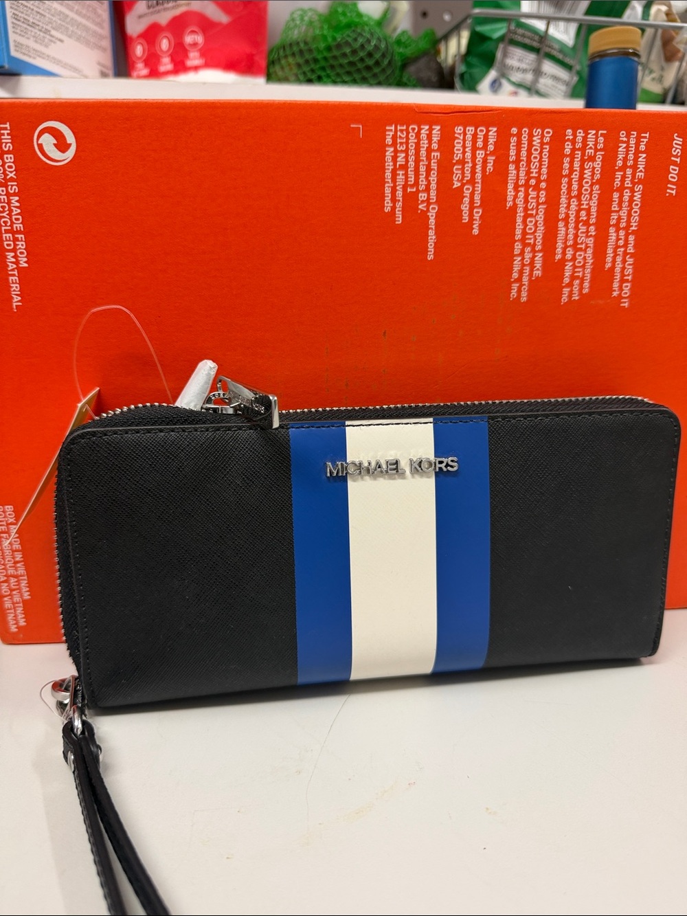 Michael Kors Black Wallet with Blue and White Center Stripe